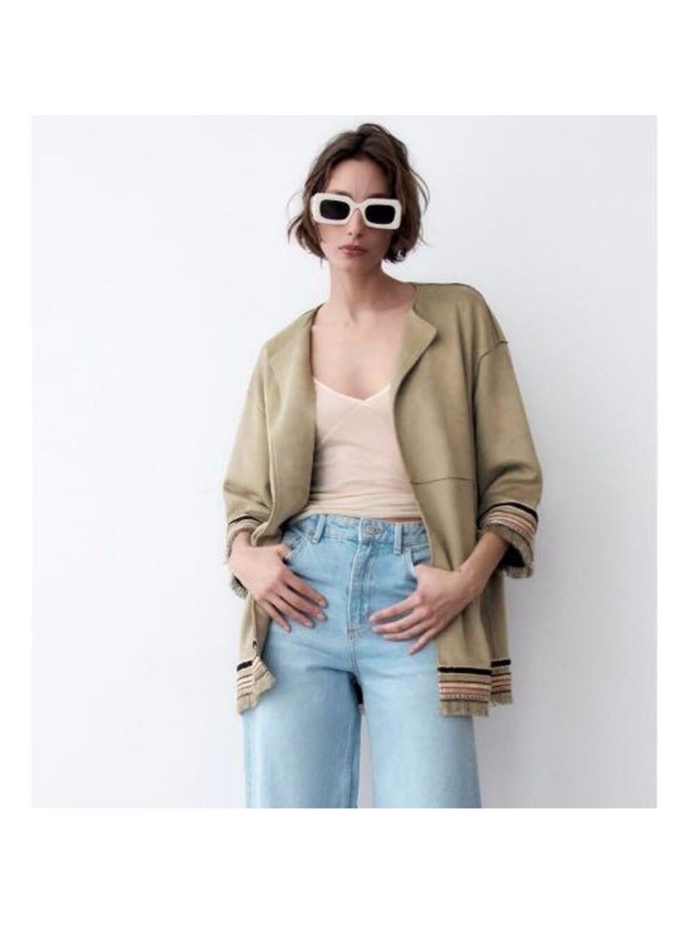 Zara Boho Fringe Embroidered Faux Suede Jacket Sz XS